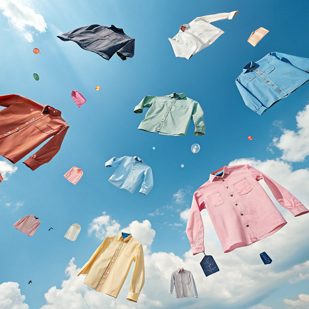 AI generated image by Red Panda AI: hazme un  diseño con camisas callendo desde el cielo