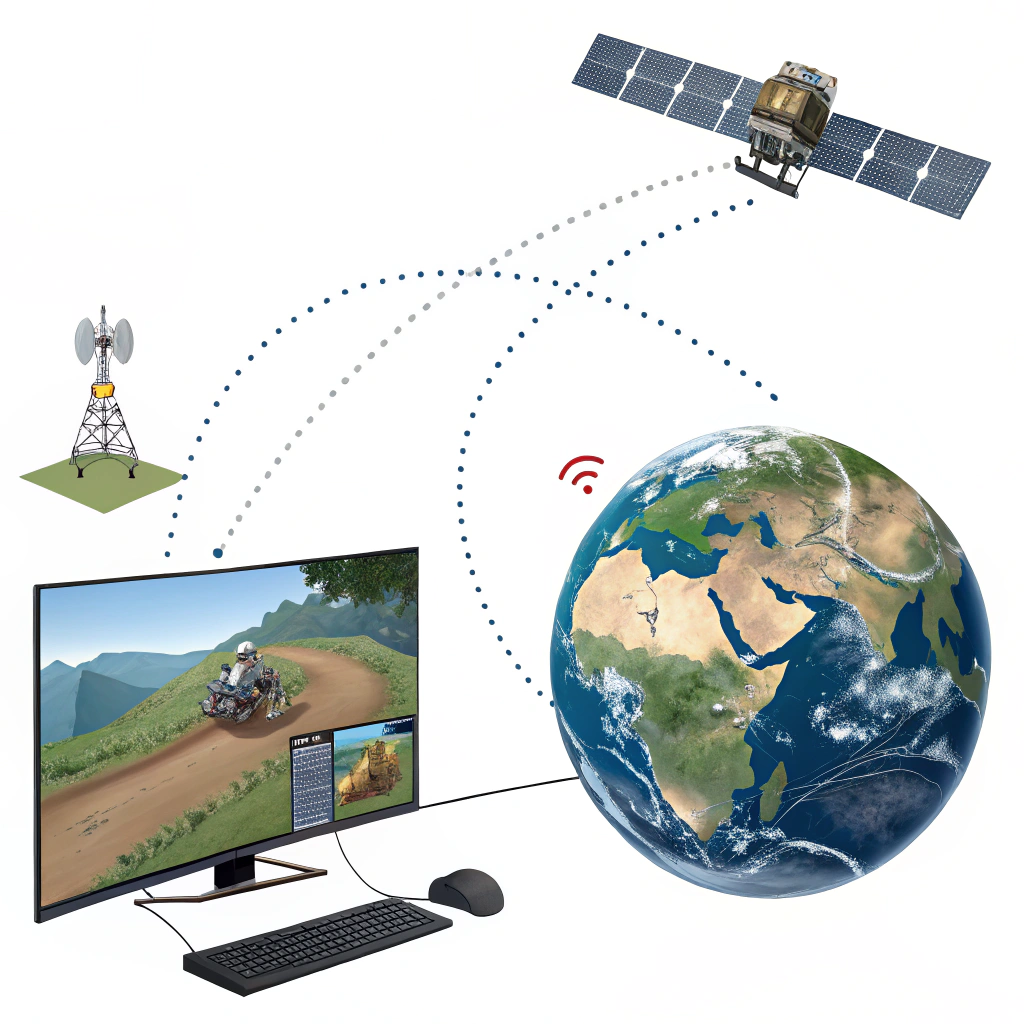AI generated image by Red Panda AI: "Una comparación visual: un satélite geoestacionario transmitiendo señales a la Tierra con un desfase de tiempo visible. A un lado, una videollamada interrumpida y un videojuego mostrando un retraso en la acción del jugador."