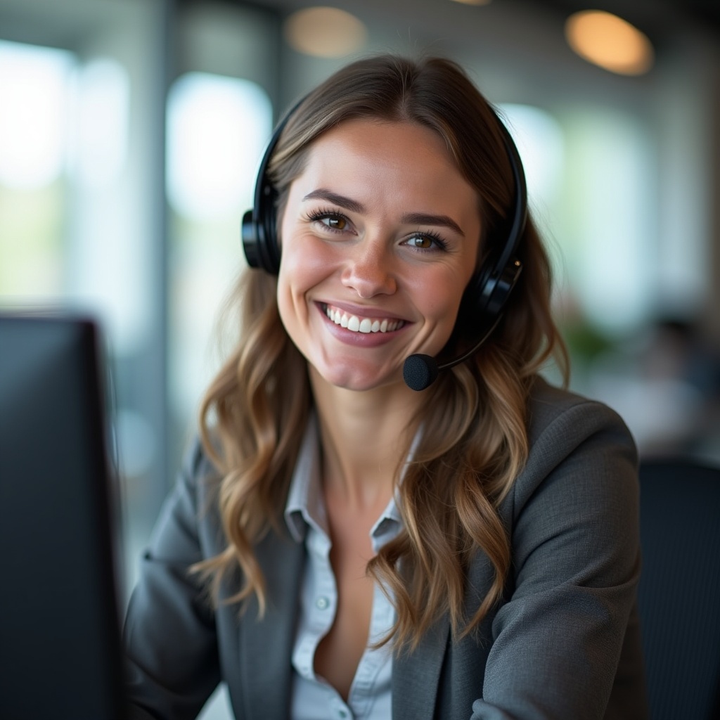AI generated image by FLUX.1: A highly realistic photograph of a beautiful female customer support representative with a friendly smile, wearing a professional headset, working at a computer in a modern office. She wears business attire, with natural-looking makeup, and has a welcoming and approachable expression. The background is softly blurred, with subtle lighting that gives a natural, real-world look to the image. The office environment has large windows allowing in soft daylight, creating an authentic workspace setting.
