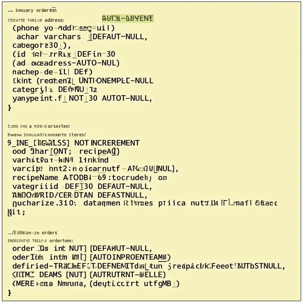 AI generated image by FLUX.1-pro: -- 表: address
CREATE TABLE `address` (
  `phone` varchar(50) DEFAULT NULL,
  `address` varchar(30) DEFAULT NULL,
  `id` int NOT NULL AUTO_INCREMENT,
  `uid` int NOT NULL,
  `def` int DEFAULT NULL,
  `addressName` varchar(30) NOT NULL DEFAULT '0',
  PRIMARY KEY (`id`)
) ENGINE=InnoDB AUTO_INCREMENT=12 DEFAULT CHARSET=utf8mb3;

-- 表: category
CREATE TABLE `category` (
  `id` int NOT NULL AUTO_INCREMENT,
  `category_id` int DEFAULT NULL,
  `kind` varchar(20) DEFAULT NULL,
  PRIMARY KEY (`id`)
) ENGINE=InnoDB AUTO_INCREMENT=8 DEFAULT CHARSET=utf8mb3;

-- 表: orderitems
CREATE TABLE `orderitems` (
  `item_id` int NOT NULL AUTO_INCREMENT,
  `orderId` int NOT NULL,
  `recipeId` int NOT NULL,
  `sizeId` int NOT NULL,
  `tasteId` int NOT NULL,
  `quantity` int NOT NULL,
  PRIMARY KEY (`item_id`)
) ENGINE=InnoDB AUTO_INCREMENT=19 DEFAULT CHARSET=utf8mb3;

-- 表: orders
CREATE TABLE `orders` (
  `orderId` int NOT NULL AUTO_INCREMENT,
  `userId` int NOT NULL,
  `orderTime` datetime NOT NULL DEFAULT CURRENT_TIMESTAMP,
  `totalAmount` decimal(10,2) NOT NULL,
  `remark` varchar(200) DEFAULT NULL,
  `status` int DEFAULT NULL,
  `addressId` int NOT NULL DEFAULT '0',
  PRIMARY KEY (`orderId`)
) ENGINE=InnoDB AUTO_INCREMENT=11 DEFAULT CHARSET=utf8mb3;

-- 表: recipe
CREATE TABLE `recipe` (
  `id` int NOT NULL AUTO_INCREMENT,
  `name` varchar(30) NOT NULL,
  `price` float DEFAULT NULL,
  `category` varchar(30) NOT NULL,
  `description` varchar(500) NOT NULL,
  `img` varchar(200) DEFAULT NULL,
  `size_id` int NOT NULL,
  `taste_id` int NOT NULL,
  PRIMARY KEY (`id`)
) ENGINE=InnoDB AUTO_INCREMENT=46 DEFAULT CHARSET=utf8mb3;

-- 表: size
CREATE TABLE `size` (
  `id` int NOT NULL AUTO_INCREMENT,
  `size_id` int NOT NULL,
  `size` varchar(20) NOT NULL,
  `price_add` int DEFAULT NULL,
  PRIMARY KEY (`id`)
) ENGINE=InnoDB AUTO_INCREMENT=10 DEFAULT CHARSET=utf8mb3;

-- 表: taste
CREATE TABLE `taste` (
  `id` int NOT NULL AUTO_INCREMENT,
  `taste_id` int NOT NULL,
  `taste` varchar(20) DEFAULT NULL,
  PRIMARY KEY (`id`)
) ENGINE=InnoDB AUTO_INCREMENT=15 DEFAULT CHARSET=utf8mb3;

-- 表: user
CREATE TABLE `user` (
  `id` int NOT NULL AUTO_INCREMENT,
  `username` char(30) NOT NULL,
  `password` char(30) NOT NULL,
  `nickname` char(30) DEFAULT NULL,
  `addressId` int NOT NULL DEFAULT '0',
  `avatarUrl` varchar(200) DEFAULT NULL,
  PRIMARY KEY (`id`)
) ENGINE=InnoDB AUTO_INCREMENT=11 DEFAULT CHARSET=utf8mb3;

帮我生成一张ER图