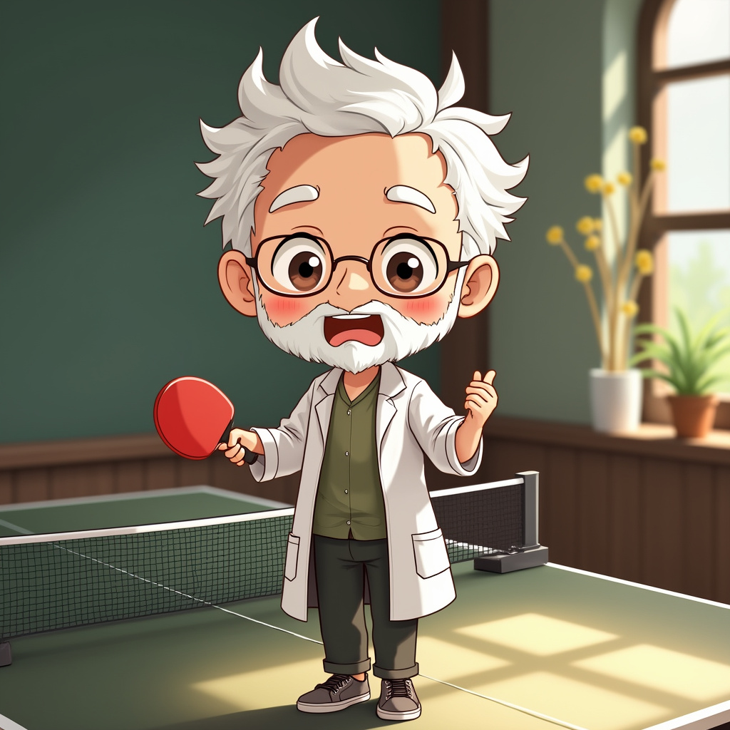 AI generated image by FLUX.1-pro: solo, playing pingpong, smile, short hair, 1boy, standing, half_body, white shirt, white hair, male focus, open clothes, shoes, glasses, chibi, facial hair, beard, mustache, labcoat, old, old man