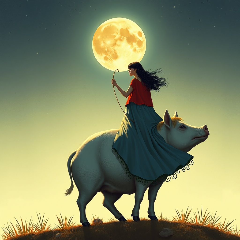 AI generated image by FLUX.1-schnell: cerdo con una persona arriba de la luna 