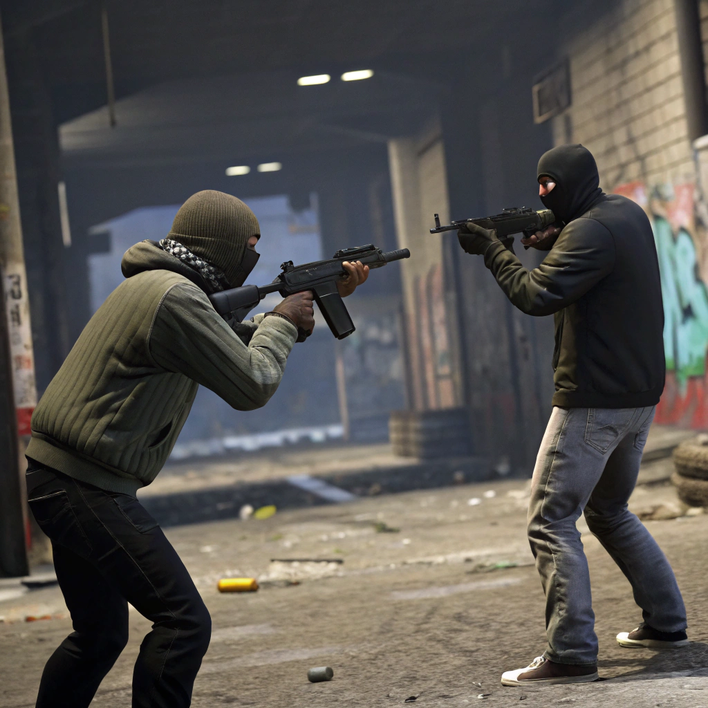 AI generated image by Red Panda AI: Crea una imagen de dos personas con armas pegandose de tiros en gta 5 realista