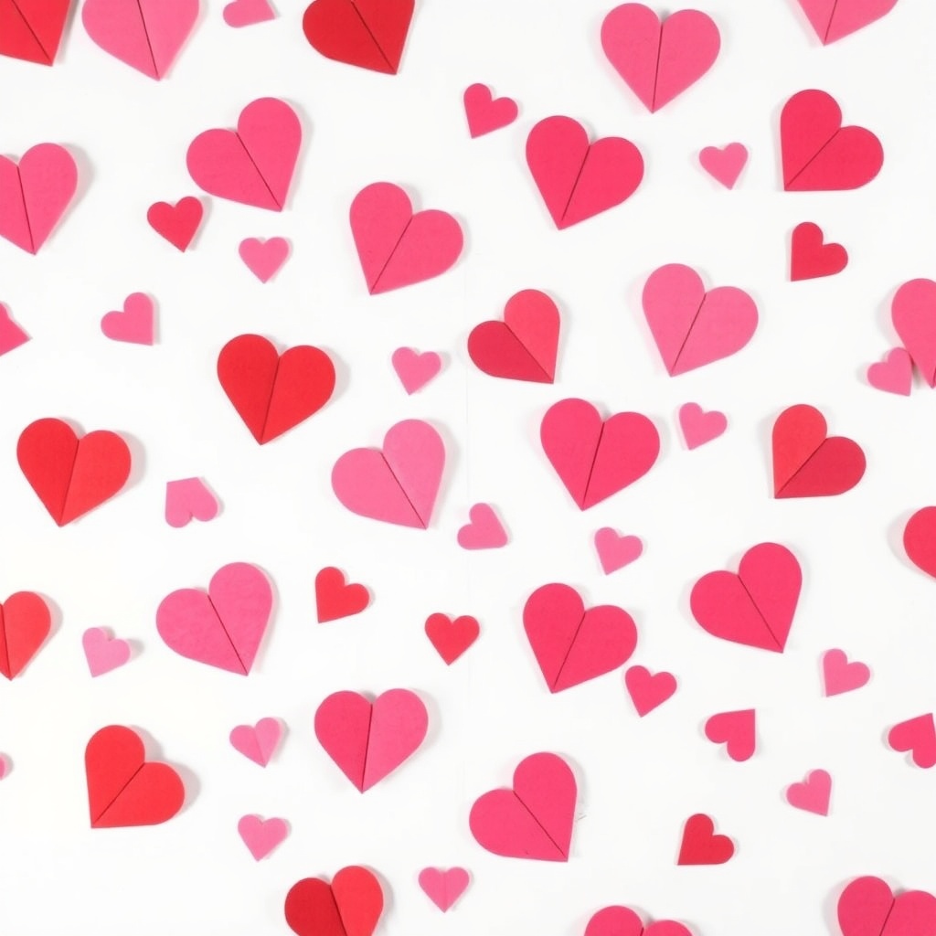 AI generated image by FLUX.1-schnell: Pink and red paper hearts scattered on a white background, with soft shadows