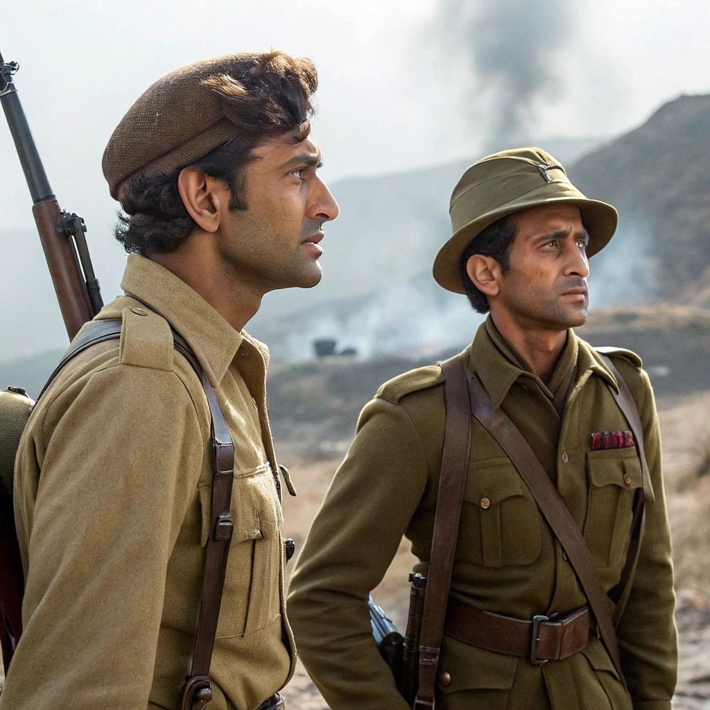 AI generated image by FLUX.1-schnell: dev anand in war movie (Hritik one)