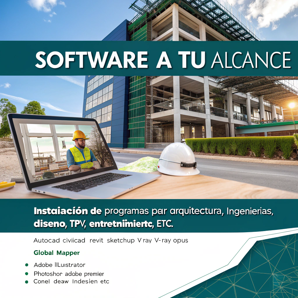 AI generated image by Red Panda AI: QUIERO QUE diseñes UN FLYER PROMOCIONAL  MUY ATRACTIVO, DE INSTALACION DE SOFTWARE. EL FLYER DEBE INCLUIR LAS SIGUIENTES FRASES: "SOFTWARE A TU ALCANCE", "INSTALACIÓN DE PROGRAMAS PARA ARQUITECTURA, INGENIERÍAS, DISEñO, TPV, ENTRETENIMIENTO, ETC." TAMBIEN DEBE INCLUIR LA SIGUIENTE LISTA: AUTOCAD, CIVILCAD, REVIT, SKETCHUP, V-RAY, OPUS, GLOBAL MAPPER, ADOBE ILLUSTRATOR, PHOTOSHOP, ADOBE PREMIER, COREL DRAW, INDESIGN, ETC. DEBES UTILIZAR COLORES RELACIONADOS CON EL SOFTWARE Y TECNOLOGIA. ADEMAS DE INCLUIR YA SEA DE FONDO O EN EL DISEñO UNA IMAGEN DE UN ROBOT UTILIZANDO UNA LAP TOP. 