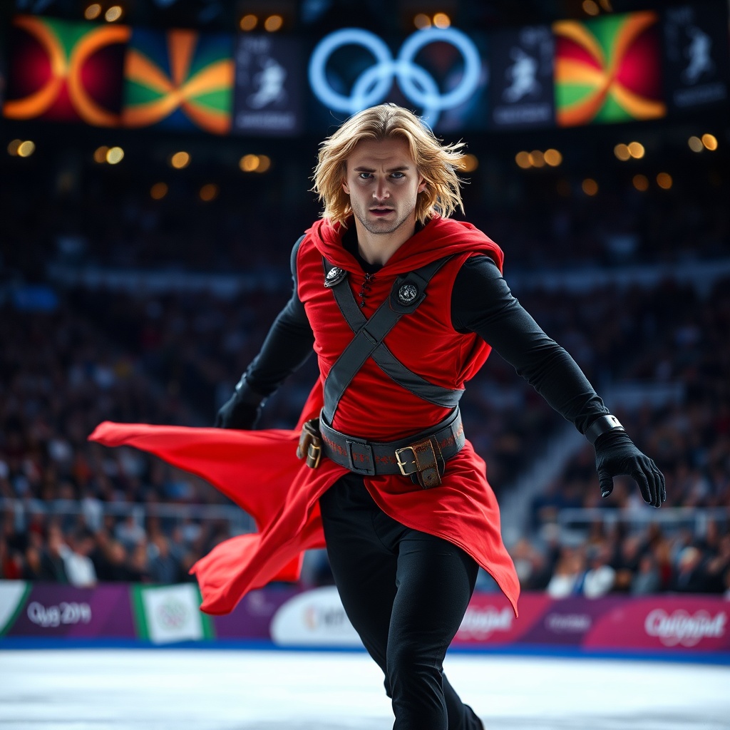 AI generated image by FLUX.1-schnell: A male figure skater with dirty blonde medium-length hair competing at the Olympics in front of a crowd of millions of people. He is wearing a red and black Zorro costume, and is in an ominous stance with an intimidating look on his face.