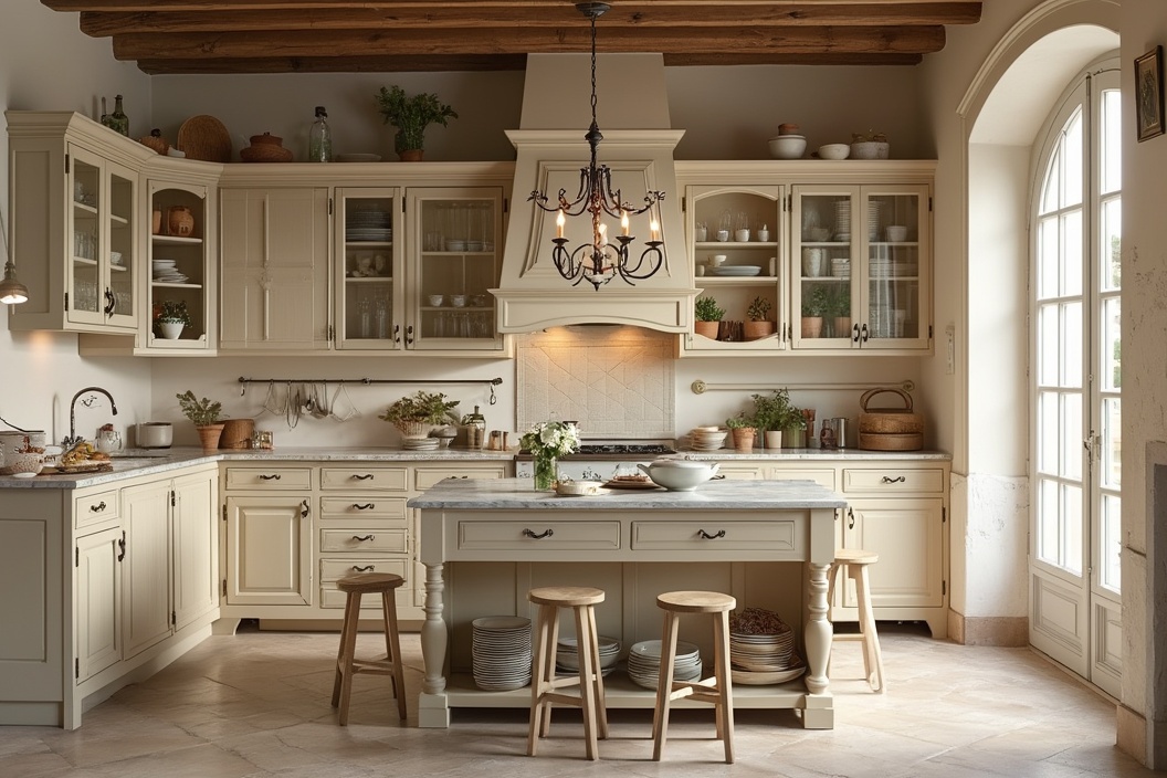 AI generated image by FLUX.1-pro: Immagine fotorealistica 8k di Una cucina accogliente in stile shabby chic con mobili in legno verniciati di tortora e bianco crema, effetto invecchiato. Pavimento in legno chiaro consumato. Ampia porta-finestra con tende a pacchetto in lino bianco. Dettagli vintage: maniglie in metallo anticato, mensole aperte con piatti in ceramica dipinti a mano. Lampadario a bracci in ferro battuto bianco. Isola centrale con piano in marmo bianco e sgabelli in legno decapato.