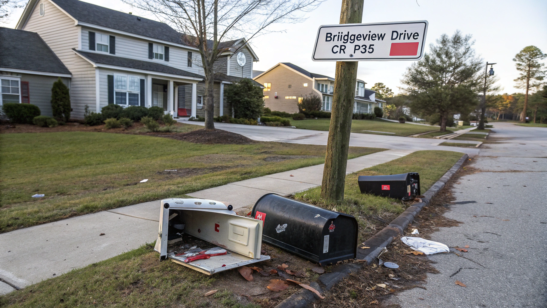 AI generated image by Red Panda AI: Smashed mailboxes in front of houses, a sign shows the crossroads of Bridgeview Dr and CR P35