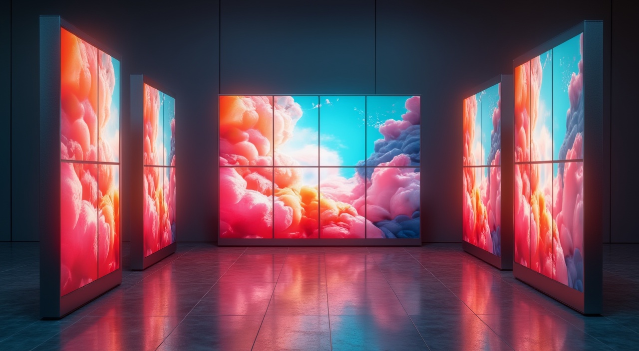 AI generated image by FLUX.1-pro: Realistic image of 6 very (thin vertical screens) WITH AN ASPECT RATIO OF 1:4, separated from each other by 50 inches. Modern style, minimalist background, playing a colorful video