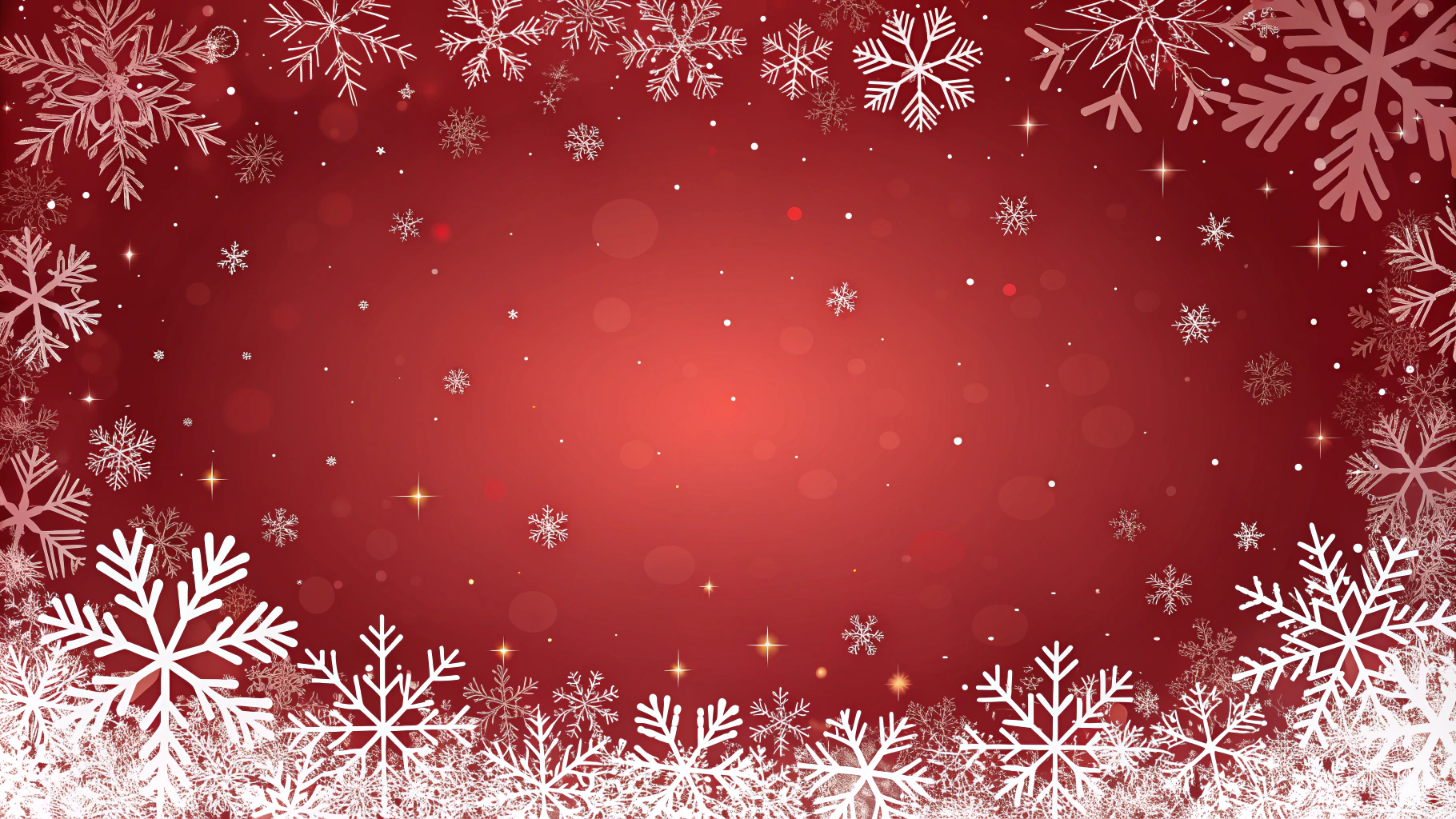 AI generated image by Red Panda AI: Create a festive Christmas background with a deep crimson red gradient, transitioning from a darker crimson at the edges to a slightly lighter but still rich crimson at the center. Distribute small, very small, tiny, varying-sized white snowflakes densely around all four edges, ensuring they are scattered across the entire border area rather than forming a defined frame. Keep the snowflakes small and varied in size but not too large. Add a subtle sparkle effect and small, warm bokeh lights throughout for a magical atmosphere.
