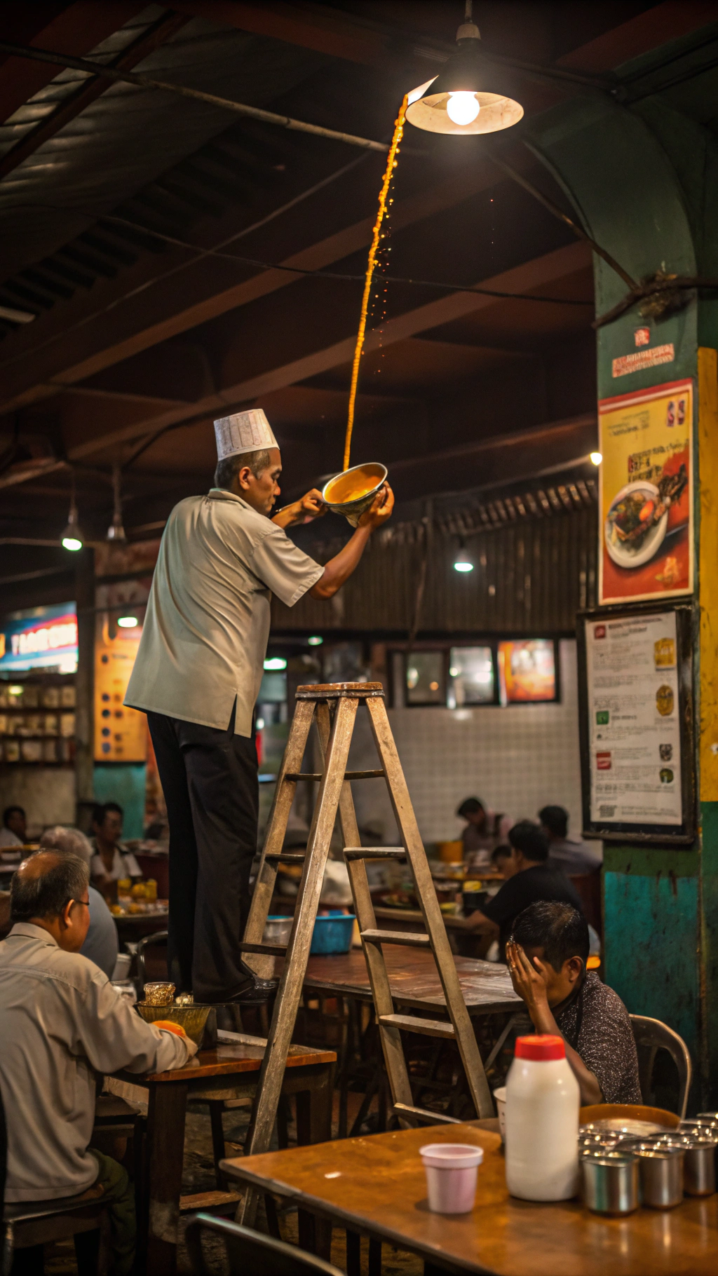 AI generated image by Red Panda AI: Detailed prompt: "Create an ultra-clear, HDR, 8K hyper-realistic photograph inside a bustling mamak restaurant during the evening rush. Center the composition on an Indian Muslim man with a traditional bowl hat and a work shirt, balanced on a tall ladder, skillfully stretching a stream of teh tarik between two metal cups. Capture the golden-brown liquid in mid-pour, creating an impressive arc with droplets glistening under warm, ambient lighting. Surround the man with diners and staff who are caught in a moment of awe, watching the dramatic act. The restaurant interior should include rustic, worn wooden tables, metal stools, and colorful wall posters."