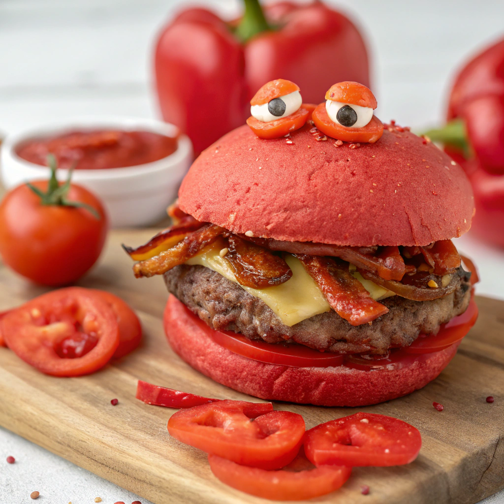 AI generated image by Red Panda AI: reb burger with cheese and only red ingredients: tomato,red pepper,red sauce,tomato slices,bacon...pokemon eyes on top of bun
