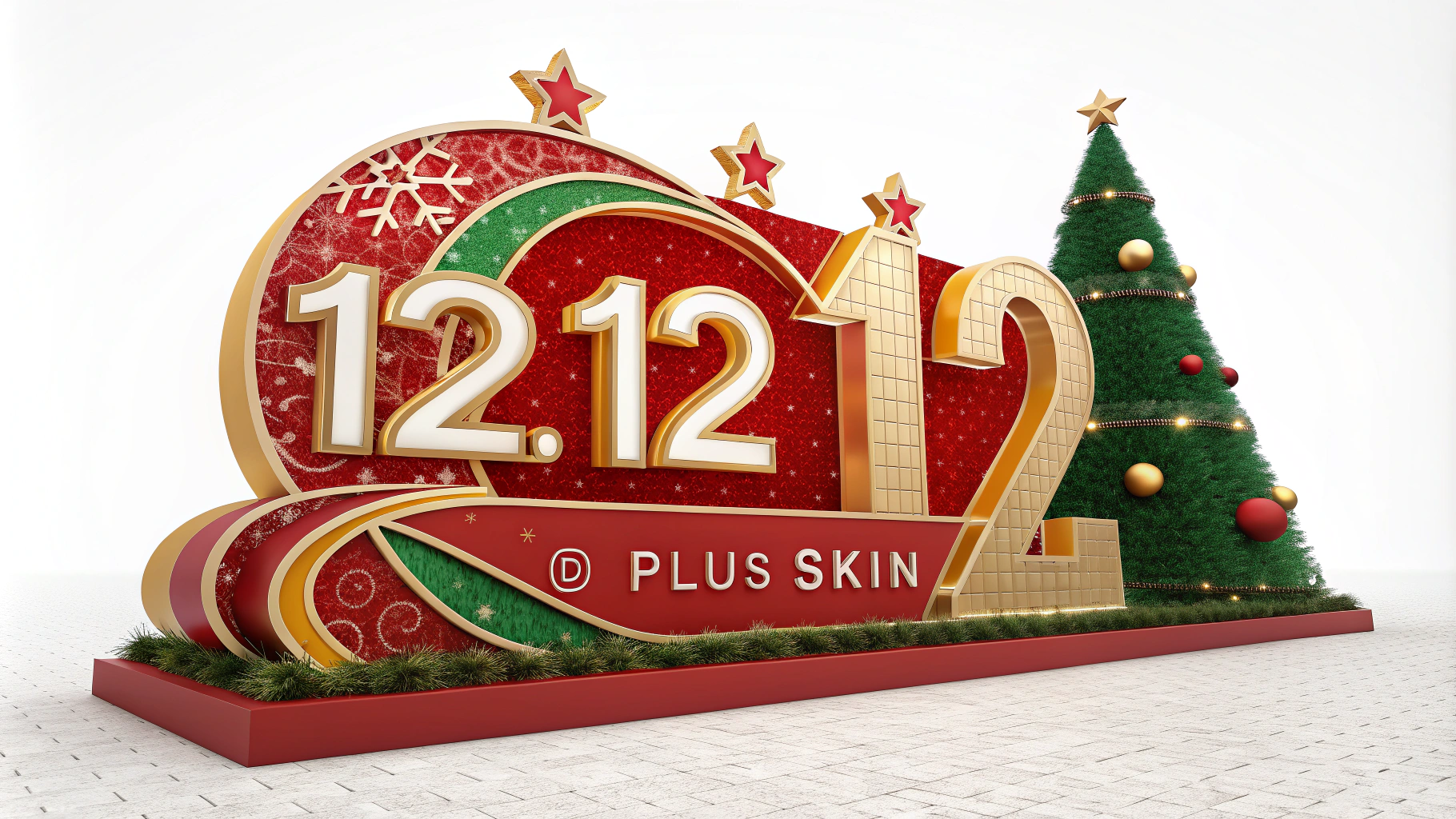 AI generated image by Red Panda AI: realistic, A large, ornate Christmas sign with a red and gold color scheme with 12.12 , ลดใหญ่ ท้ายปี, D PLUS SKIN, large bold text, festive red and green and gold color scheme, white background, vector, isolated, high-quality, sharp focus, stunning, photography, realistic, breathtaking, clear subject, rule of thirds, high contrast
