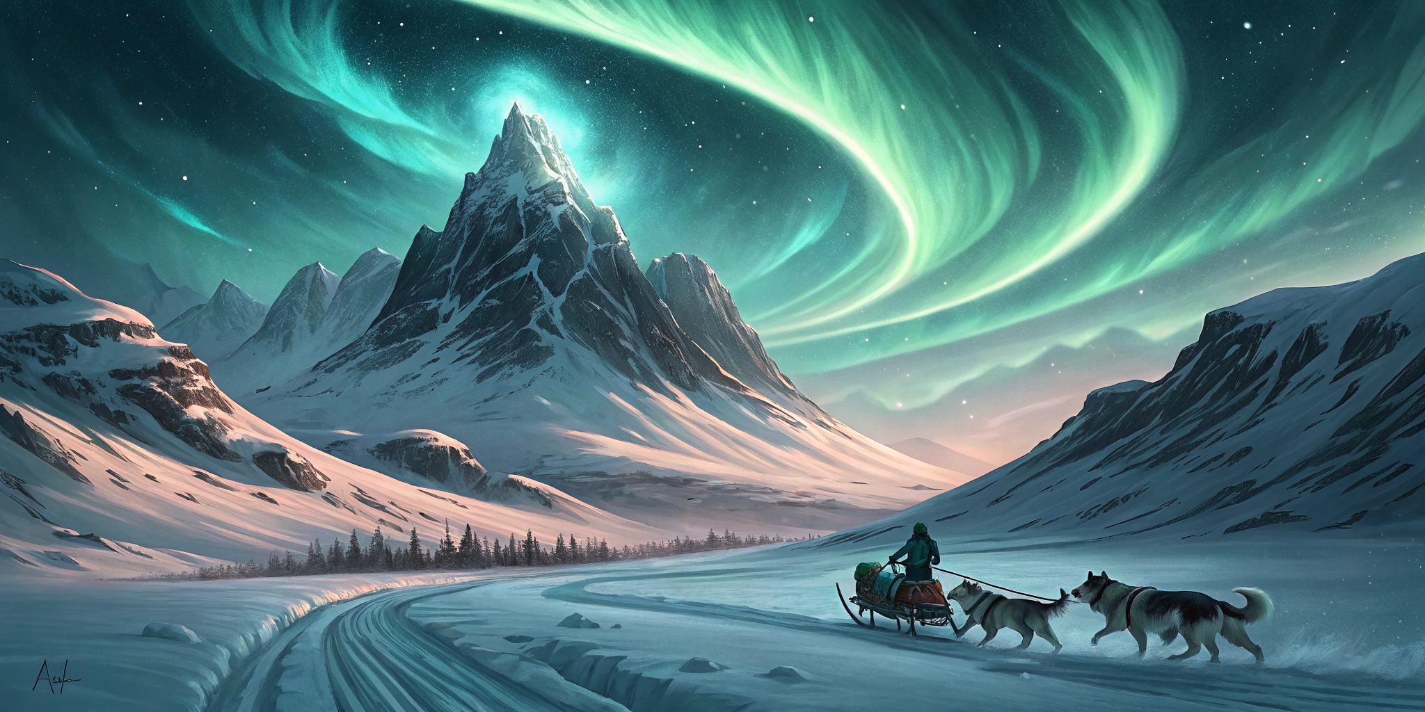 AI generated image by Red Panda AI: Dynamic vertical shot, spiraling aurora borealis creating vortex effect in upper third, middle section showing towering ice-covered peaks, bottom third revealing determined sled dog team charging towards camera, snow spraying dramatically, epic adventure mood