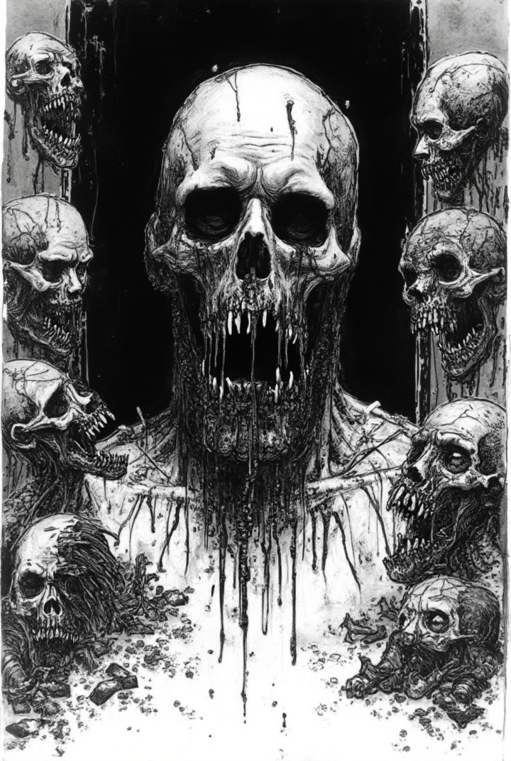 AI generated image by FLUX-Realism-Lora: A black and white illustration in the style of James Warren's Creepy Magazine, with a 1970s aesthetic. The image is a zombie-themed piece of art, with pieces of corpses dripping with blood, grime, and putrefaction. The left and right sides surrounding the image are filled with detailed drawings of rotting corpses, mutilated zombies, and creepy images. The background is completely black, providing a high contrast to the black illustrations. The overall style is old, dirty, underground, macabre, and creepy, with no color except for black ink on the white background, contributing to its gothic and disturbing atmosphere.