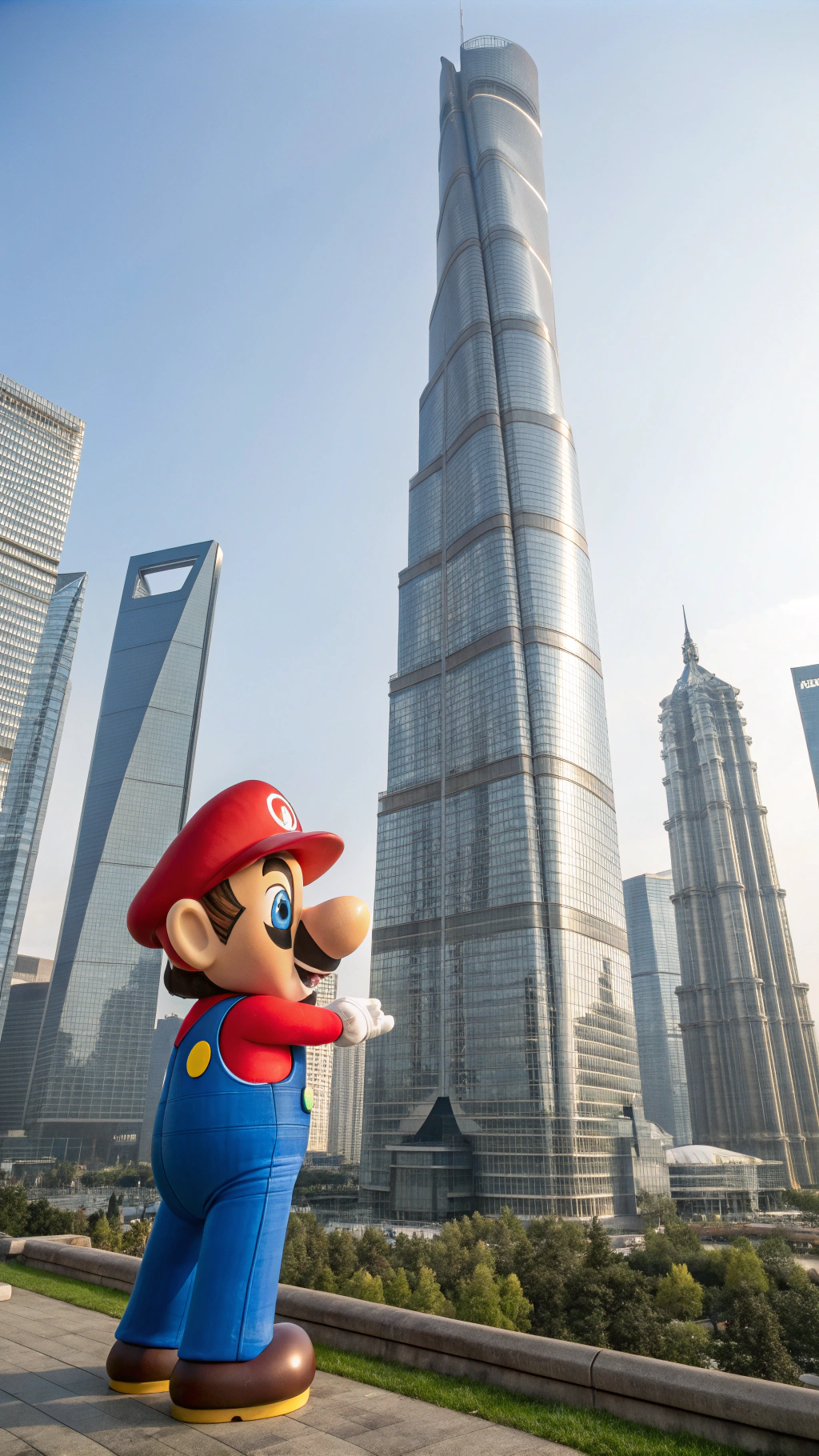 AI generated image by Red Panda AI: 3D Super Mario Hugs Shanghai Center Building