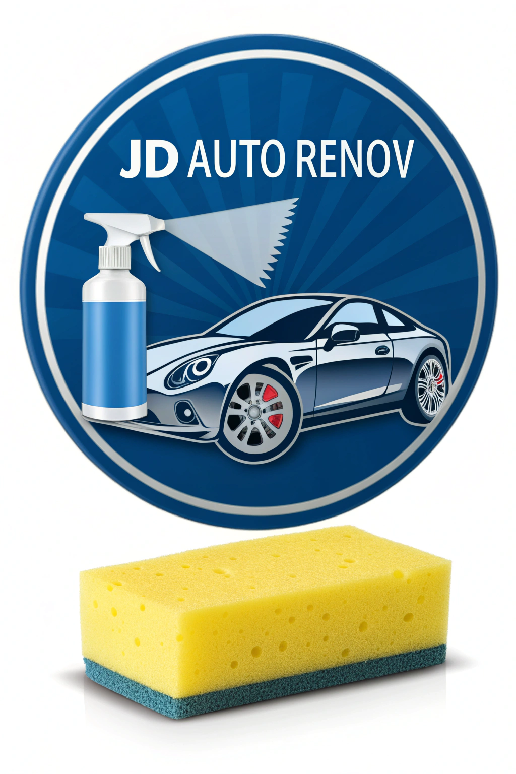 AI generated image by Red Panda AI: Logo d'entreprise dans le domaine du nettoyage de véhicules et carrosserie. Le logo est de forme ronde avec une couleur dominante de bleu.
Il y a une bombe de peinture qui ressort derrière une voiture haut de gamme, en bas a droite il y a une éponge. 
En haut du logo il y a le nom de l'entreprise "JD Auto Renov"  