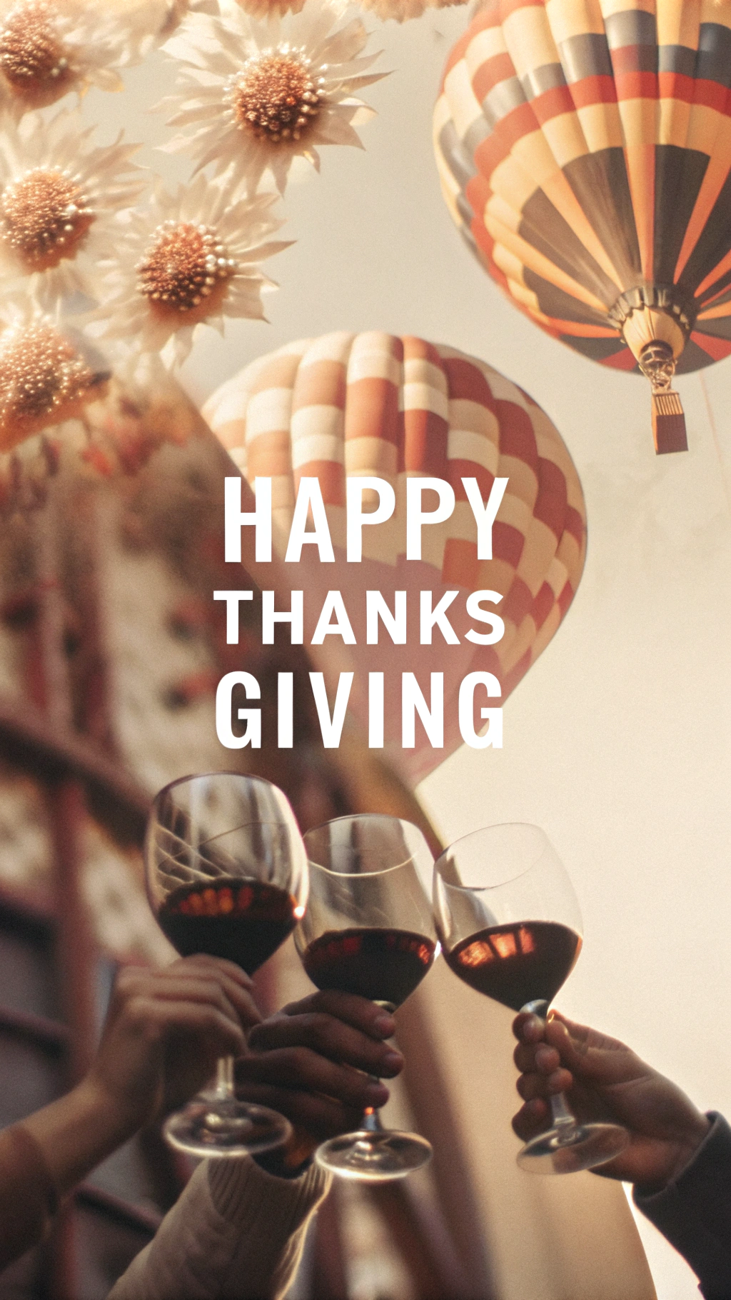 AI generated image by Red Panda AI: design a thanksgiving poster, with round and autumn flowers, hot air balloons, in warm and cheerful and bright colors, make it look like cheerful and happy. in the bottom of the poster, 3 hands holding wine glasses, glasses touching together, cheering together in happiness. in the middle of the poster, with the text: Happy Thanks Giving
