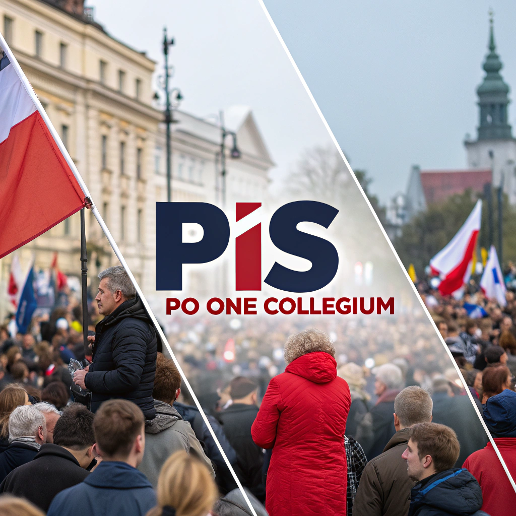 AI generated image by Red Panda AI: obraz podzielony na pół, po lewej stronie tłum zwolenników Platformy Obywatelskiej  na wiecu, po prawej stronie  tłum zwolenników Prawa i Sprawiedliwości. Po środku napis : PiS - PO jedno Collegium
