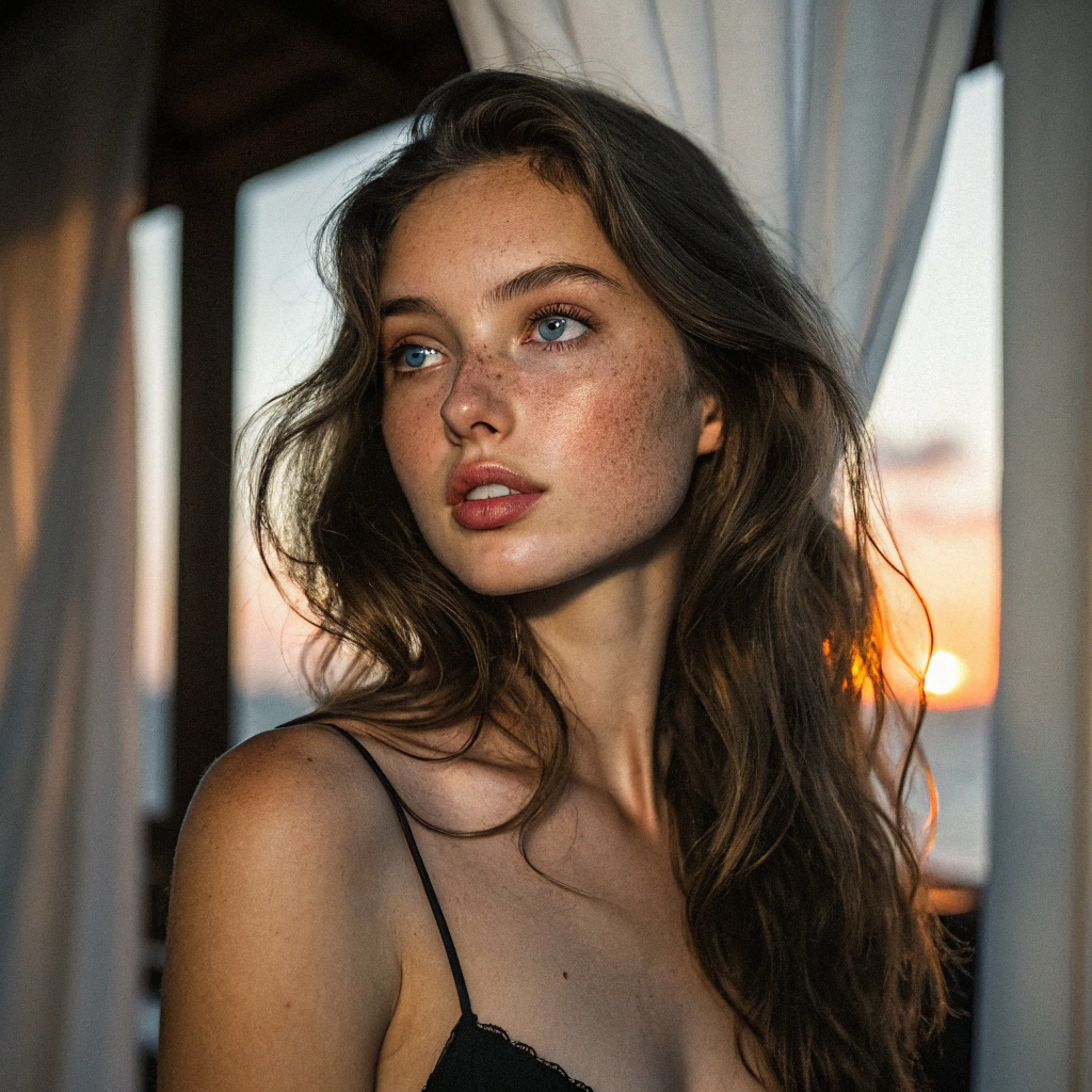 AI generated image by Red Panda AI: In the scene, a young woman with fair skin and a natural glow appears in a warm and intimate setting. Her face, with slightly rounded cheeks and full lips, expresses serenity and confidence. Her long, wavy, light-black hair falls naturally, framing her deep, expressive gaze.

The lighting is artistic, playing with light and shadow to highlight the harmony of her explicit silhouette and full breasts. Her posture projects elegance and naturalness, with a balanced composition that evokes a sense of calm and sophistication. The background can be a minimalist setting or one with warm details, such as linen curtains softly illuminated by the sunset light.