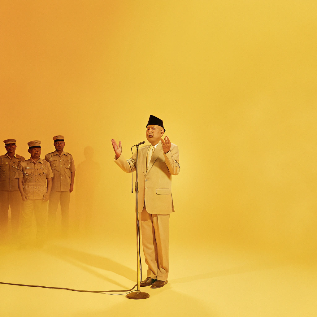 AI generated image by Red Panda AI: a man standing at a microphone, dressed in a light-colored suit and a traditional black cap. He appears to be speaking or singing, with his hands raised in front of him. The background is dark, with several other individuals visible, though less prominently. One person stands to the left, wearing a military-style uniform. The setting suggests a formal or ceremonial occasion. The lighting focuses on the central figure, creating a contrast with the dimly lit background. The overall composition centers on the man at the microphone, emphasizing his role as the main subject of the image.