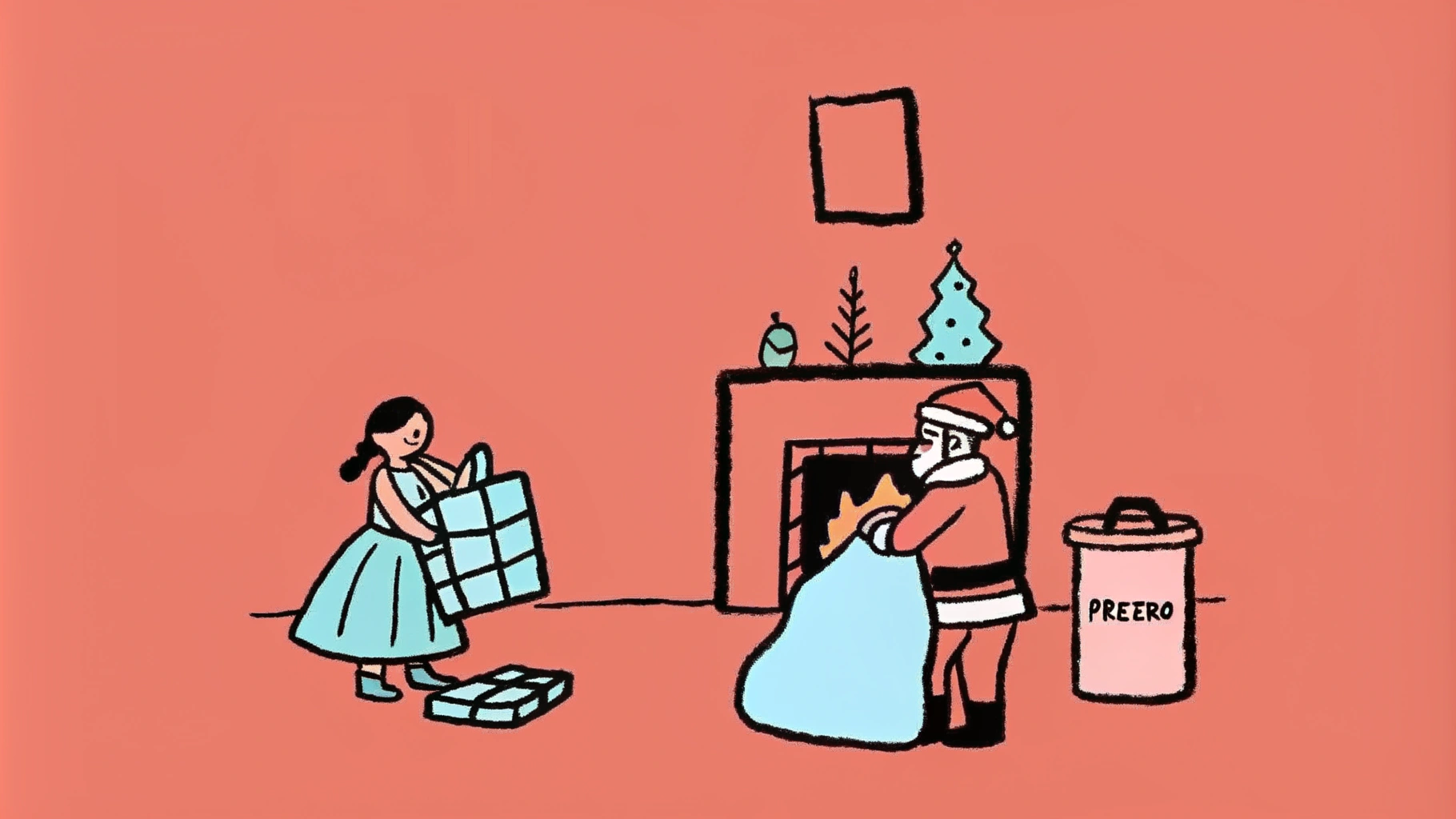 AI generated image by Red Panda AI: Un dibujo solo delineado con lápiz para que lo coloree una niña de 4 años. Será la imagen de un salón navideño, con 1 niña y 1 niño abriendo regalos y papá noel con el saco a la espalda. habrá una chimenea con el fuego encendido y también será protagonista de la imagen una papelera donde habrá restos de papeles de regalo, la marca de la papelera será muy visible para poder colorearla y será "PreZero". tendrá que tener objetos de decoración, un arbol de navidad y sensación de hogar habitado