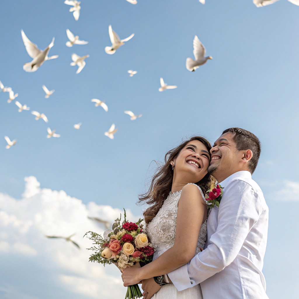 AI generated image by Red Panda AI: pareja de novios alan y karina con fondo de palomas volando