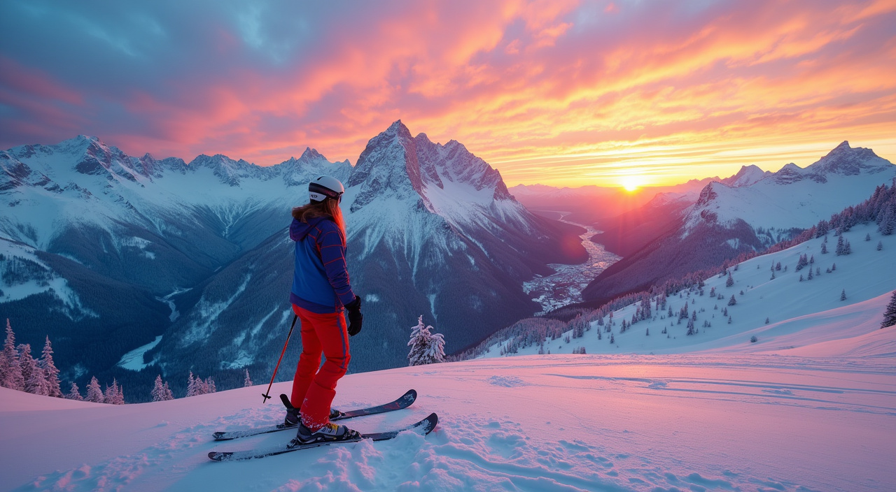 AI generated image by FLUX.1-pro: A wide angle photograph of a beautiful romanian looking woman in vibrant ski clothing stands confidently on a snowy ski slope, a beautiful sunset. She is surrounded by the majestic mountains of Austria, with their peaks glowing in the warm golden light. The sky is painted with a stunning gradient of pink, orange, and purple hues as the sun sets behind the jagged peaks. The snow sparkles under the soft light, and the expansive alpine scenery stretches out in all directions. The scene is epic and serene, capturing the essence of a perfect winter day in the Austrian Alps.