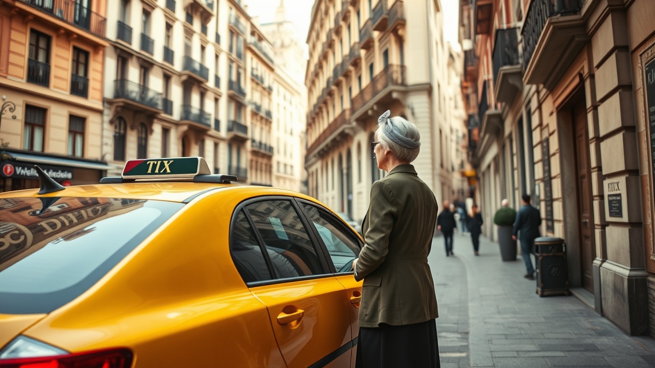 AI generated image by FLUX.1-schnell: crear imagen de una calle con un taxi de Barcelona aparcado frente a un hotel del que baja una señora elegante de unos cuarenta años y se queda frente al hotel mirándole de espaldas a la calle