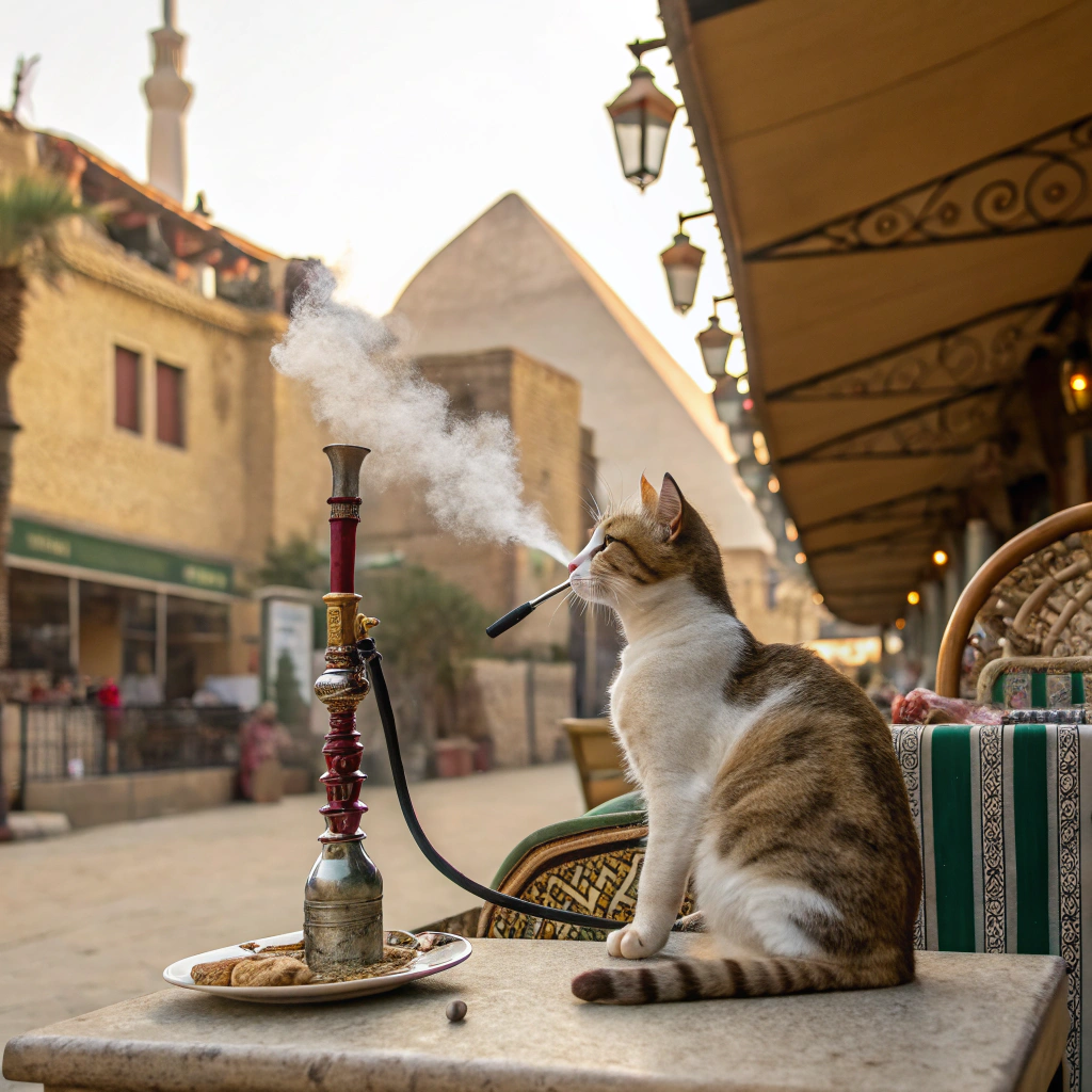 AI generated image by Red Panda AI: cat stiing on the caffe in egypt and smoking shisha