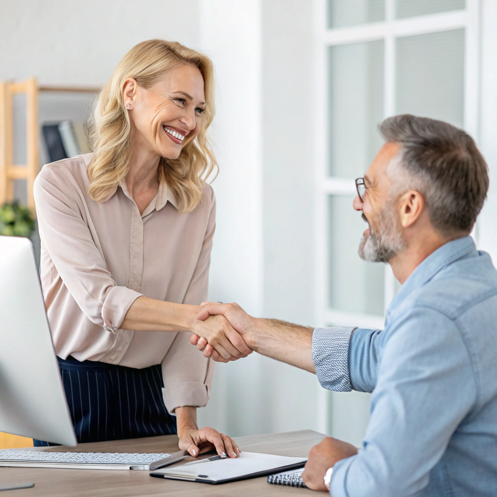 AI generated image by Red Panda AI: satisfied client with the works of a 40 year old webdeveloper who successfully created a website for the client. The client is a modern woman with blond hair. They are shaking hands