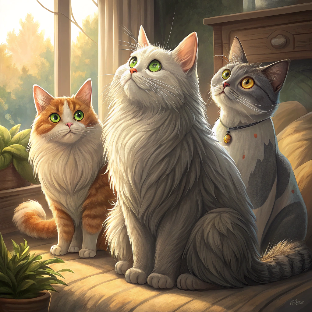 AI generated image by Red Panda AI: An image of three cats sitting together. The first cat has long, fluffy, smoky gray fur, bright green eyes, and a calm, alert expression, with a rounded face and pointed ears. The second cat features cream and ginger fur with ginger patches on its ears and back, wide, round eyes, and slightly folded ears, with an inquisitive look and an angular face. The third cat has short, smooth white fur with gray patches, including a unique gray spot on its nose that extends to the forehead, large dark eyes, and a playful, attentive expression. The background is cozy with warm lighting.