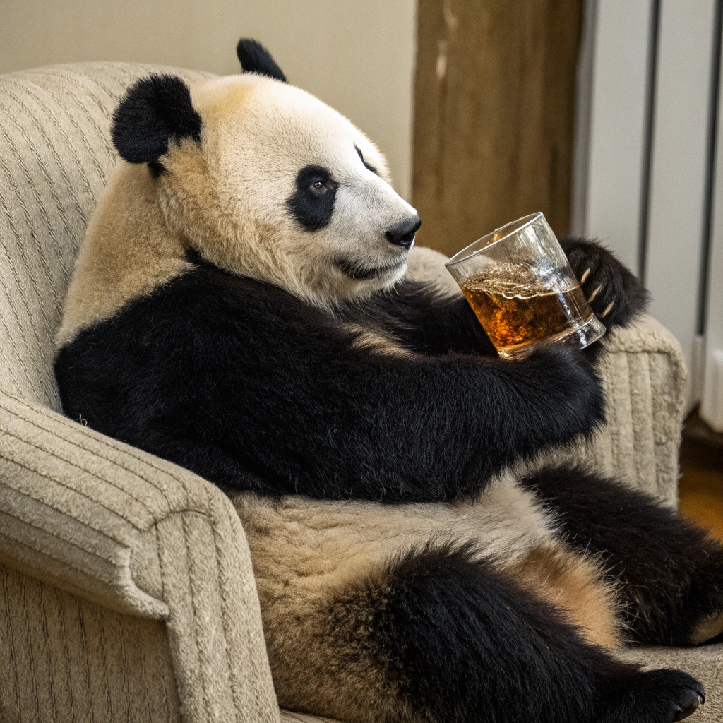 AI generated image by Red Panda AI: Panda drinking whiskey