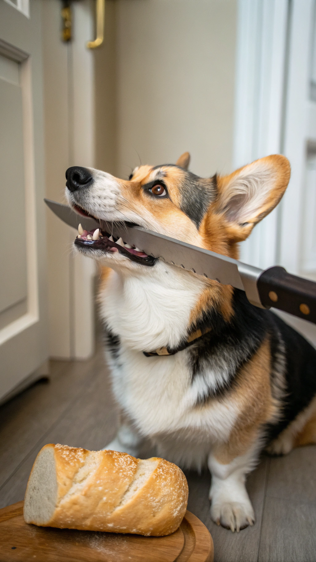 AI generated image by Red Panda AI: A corgi is holding a bread knife.