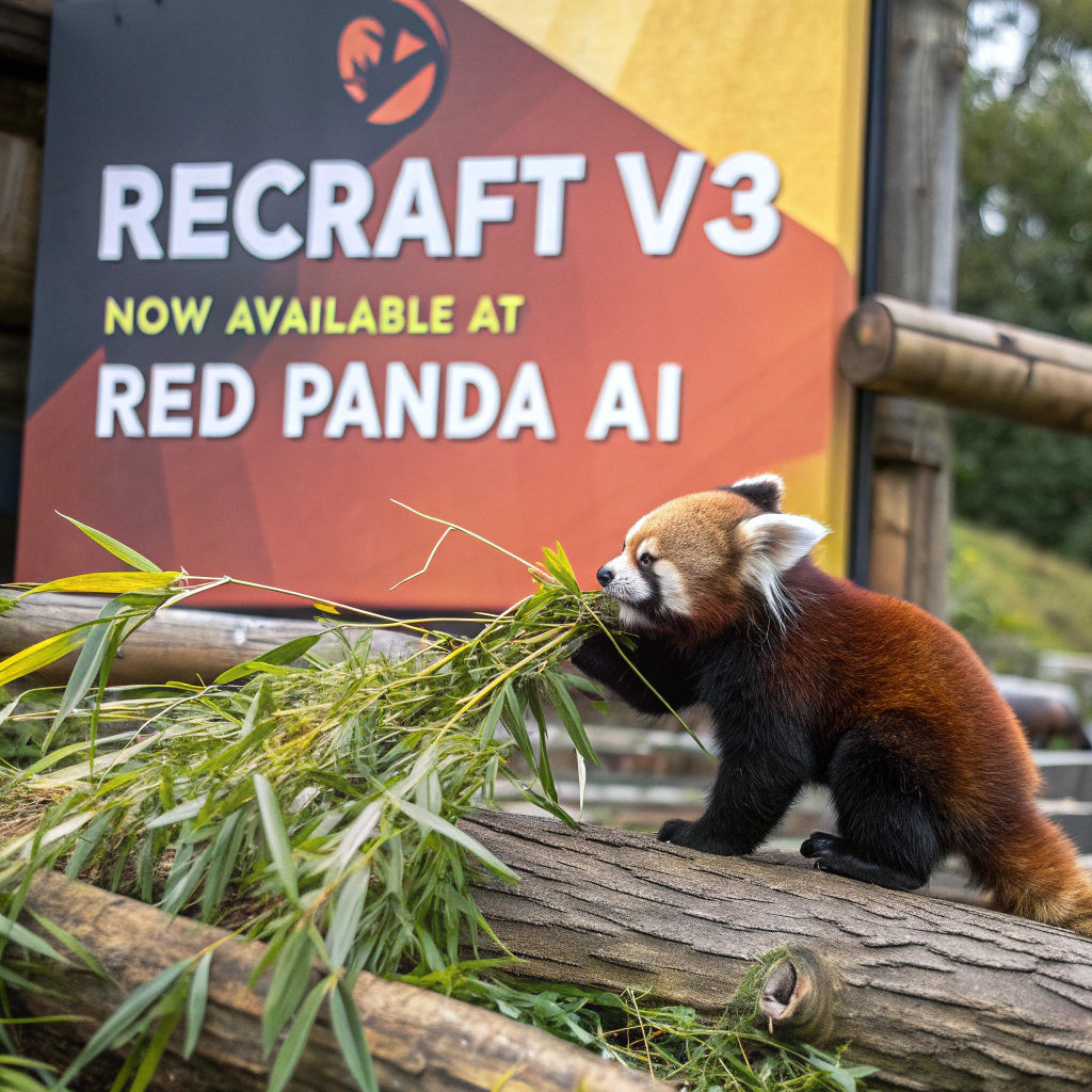 AI generated image by Red Panda AI: a red panda eating a bamboo in front of a poster that says "recraft V3 now available at red panda ai
