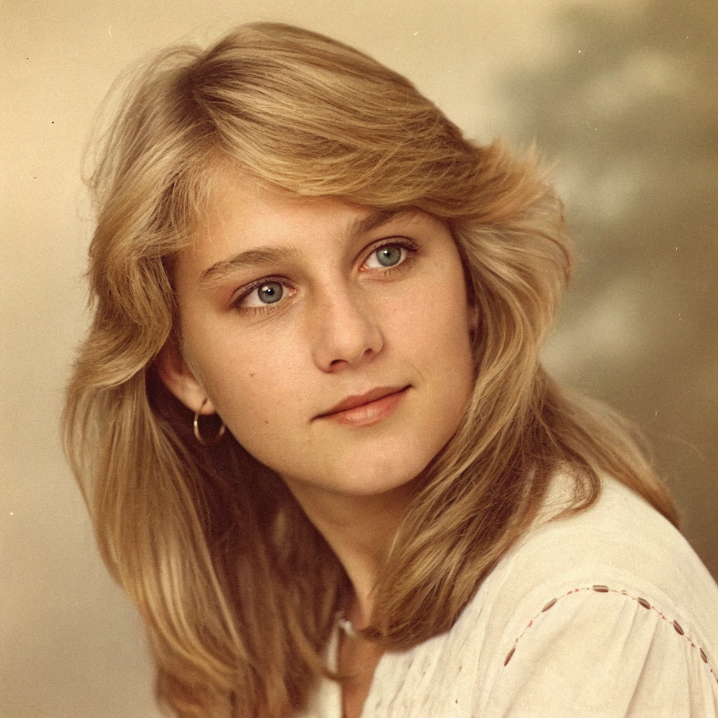 AI generated image by Red Panda AI: An old photograph taken in 1985 of a 17 year old female with beige skin, blonde hair hazel eyes 