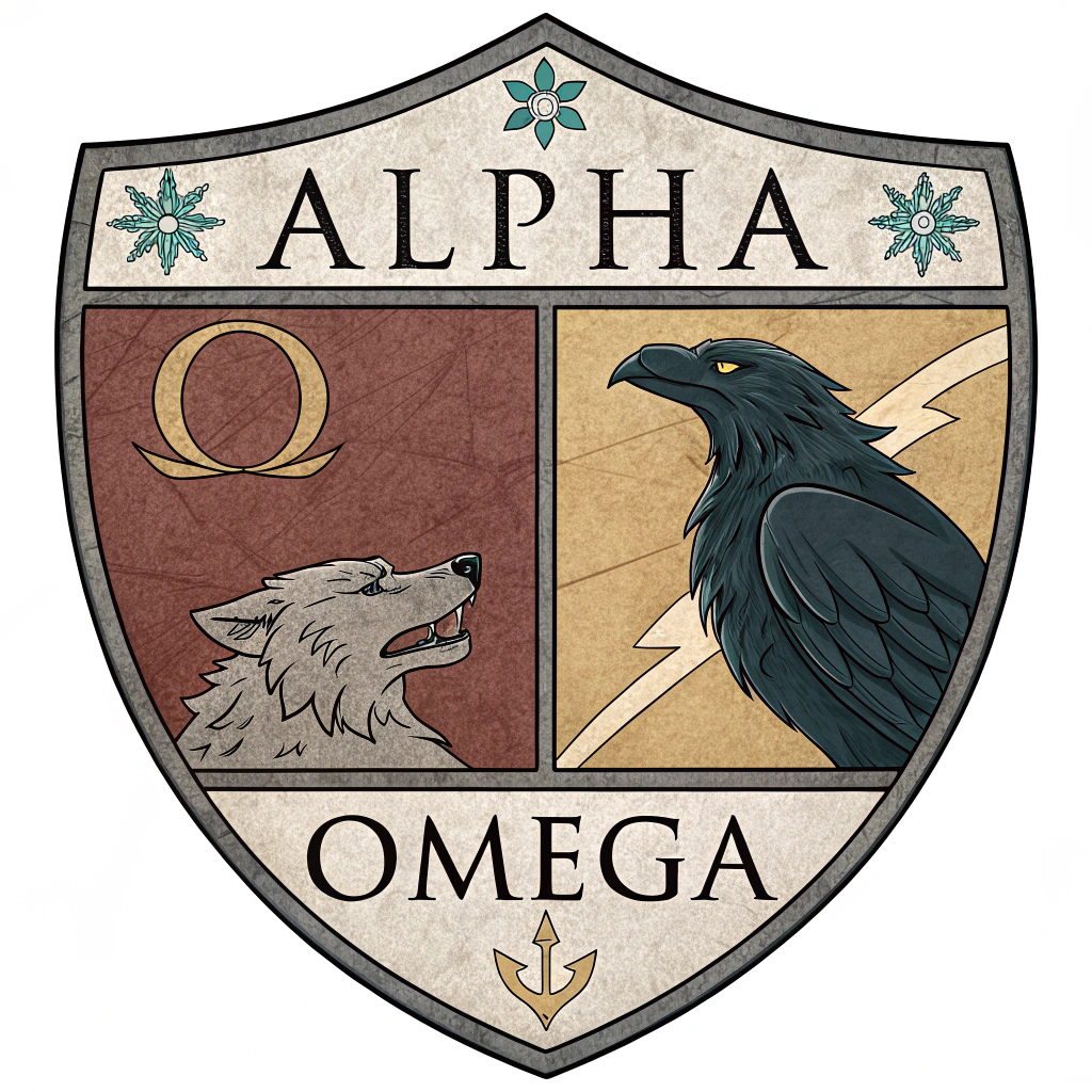 AI generated image by Red Panda AI: Créer une image représentant un armorial sous une forme de bouclier diviser en 4, exposant en haut a gauche le symbole alpha en gros, en bas a gauche un loup, en haut a droite un corbeau et en bas a droite le symbole Omega en gros
