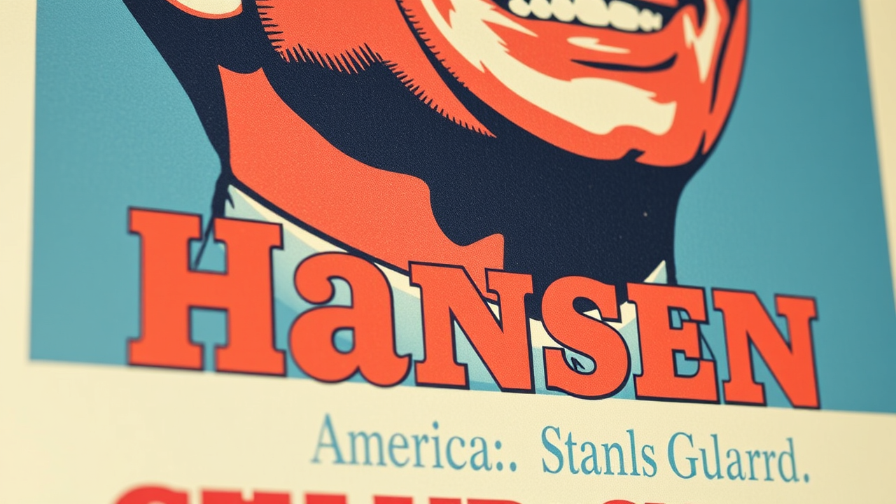 AI generated image by FLUX.1-schnell: Close-up of a vintage U.S. campaign poster, a smiling man (Hansen), slogan: "America Stands Guard."
