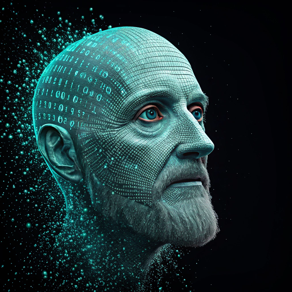 AI generated image by Red Panda AI: Leonardo DaVinci's face as a digital mask made from thousands of turquoise numbers and formulas forming his face. the mask is floating dynamically in mid air. his head is turned to the right but his eyes are looking directly into the camera. the mask is on a black background.  like a png with black only background. photo realistic, sci-fy