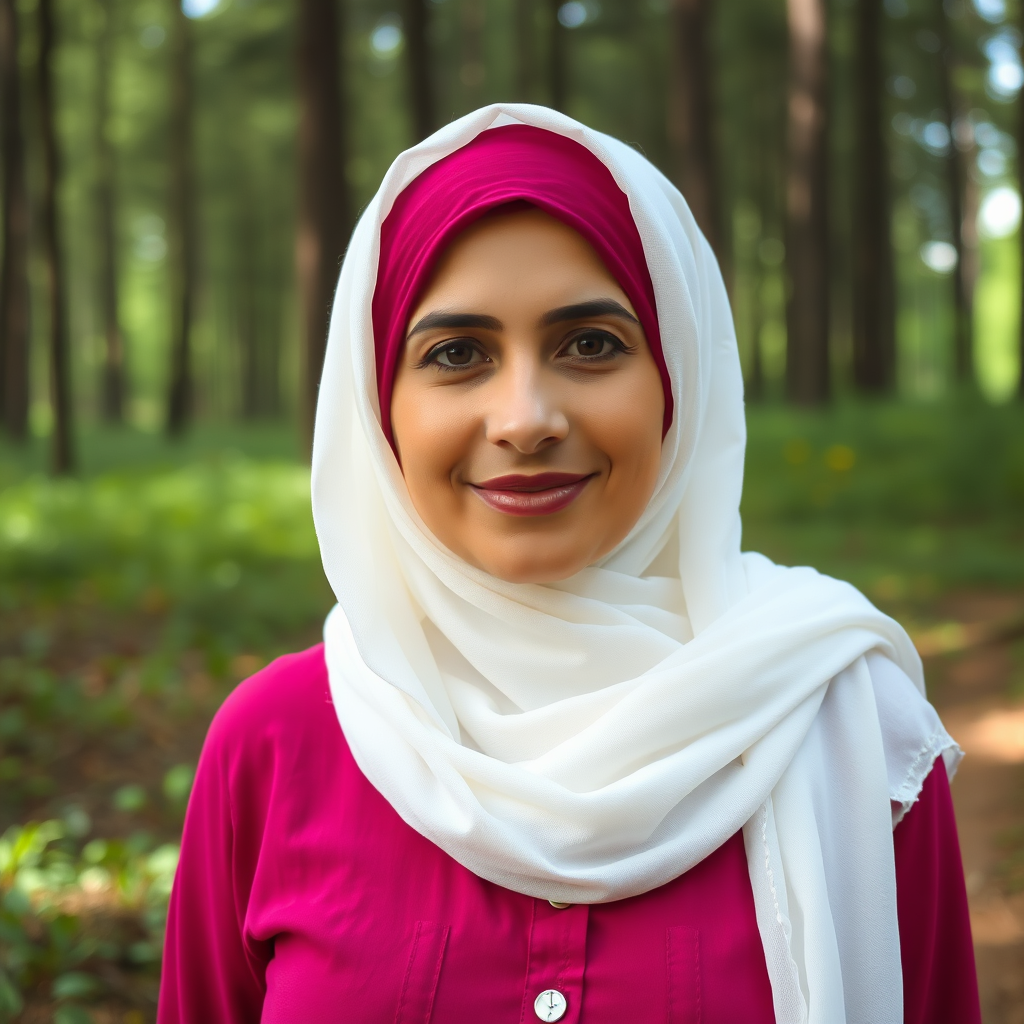 AI generated image by FLUX.1-schnell: A middle eastern woman , 35 years old , with a white hijab and a magenta shirt in a forest