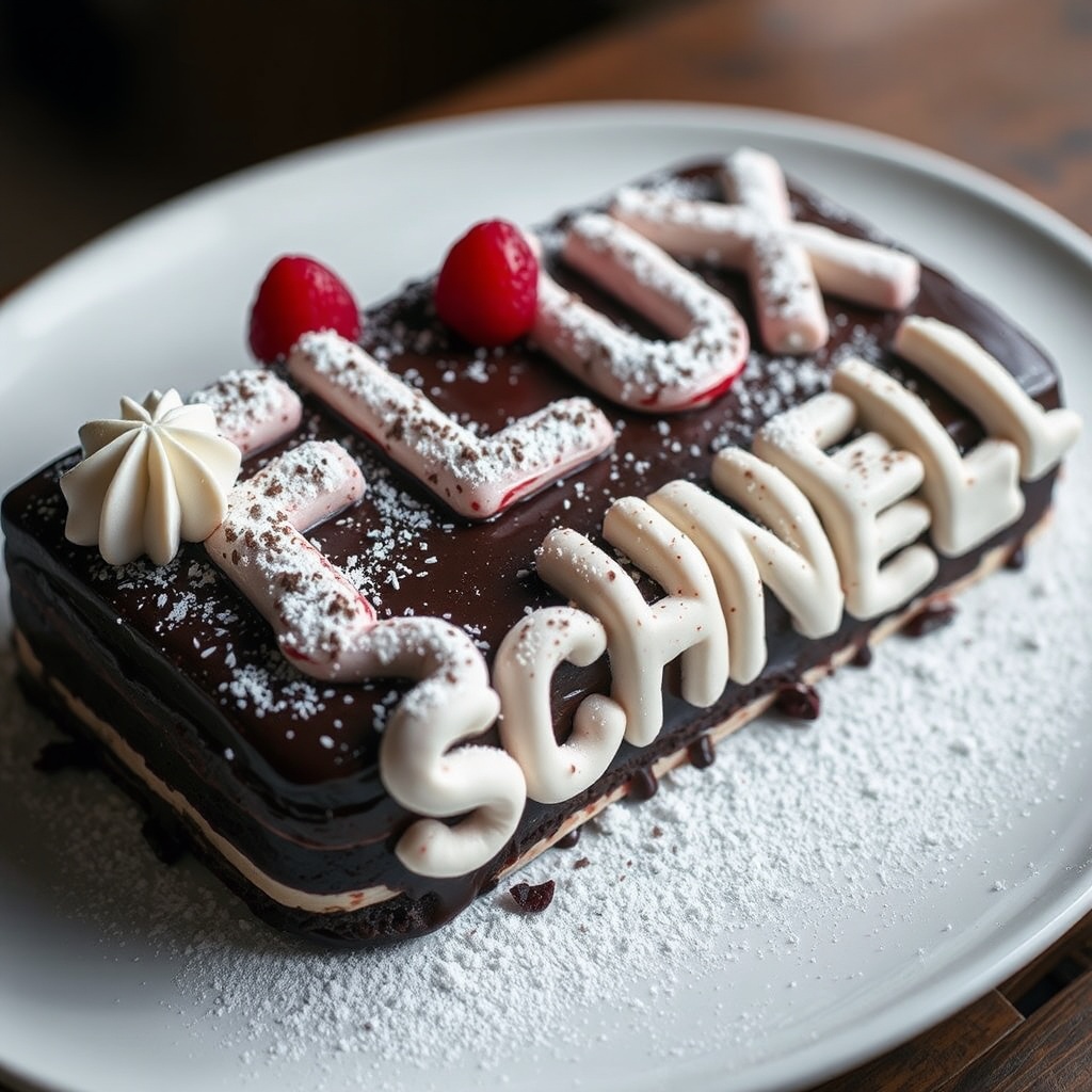 AI generated image by FLUX.1-schnell: black forest gateau cake spelling out the words "FLUX SCHNELL", tasty, food photography, dynamic shot