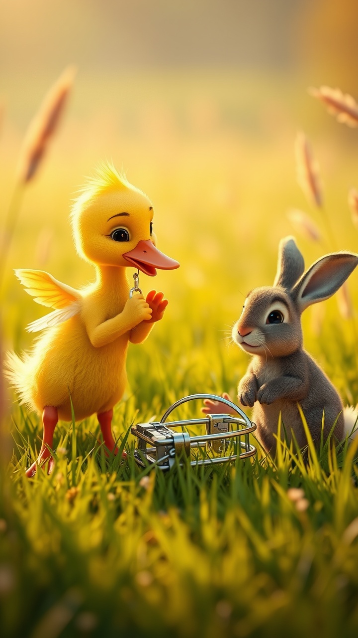 AI generated image by FLUX.1-schnell: A touching 3D Pixar-style scene of a determined yellow duckling using its beak to loosen a metal trap, freeing a brown rabbit. The rabbit, now hopeful but still in pain, watches as the duckling works. The meadow is peaceful, with warm sunlight filtering through the tall grass, creating a contrast between the tense moment and the beauty of nature. The duckling’s small wings are slightly raised, showing effort, and the rabbit’s body is tense but full of hope. The scene conveys themes of friendship, bravery, and gratitude