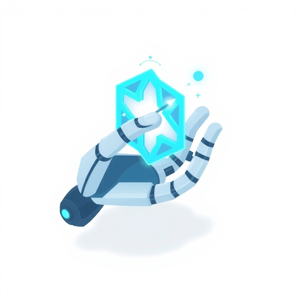 AI generated image by FLUX.1-schnell: A robotic or futuristic hand sketching or assembling a logo symbol made of glowing geometric shapes and holographic elements, representing artificial intelligence creating designs, flat vector illustration, minimal isometric perspective, soft blue and white color palette, rounded shapes, thin outline stroke, smooth shadows, tech startup aesthetic, clean interface elements, playful yet professional tone, subtle gradients, icons8 ouch style