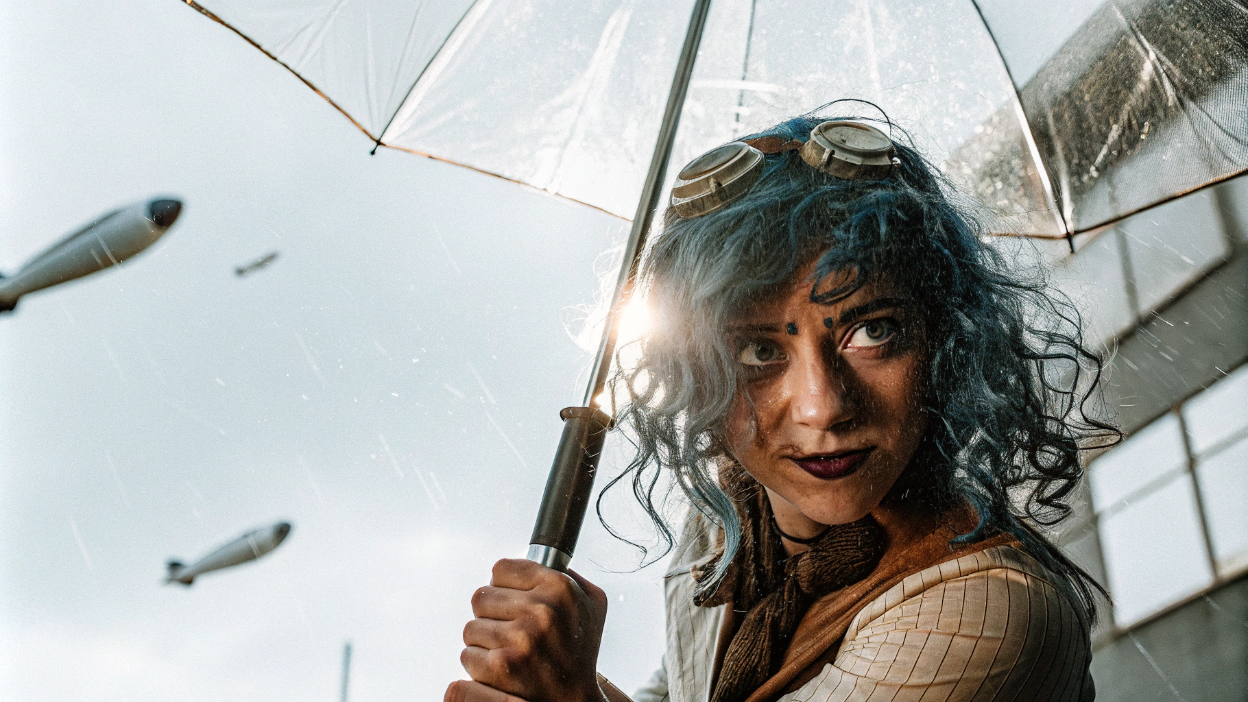 AI generated image by Red Panda AI: A blue curly hair girl with a baddass face with a umbrella as a sword on a rainy night in São Paulo (Brazil) steampunk version with a lot of lights on the top of a building. Behind her have flying cars and airships crossing the sky. Her hair in the wind. She is looking at the camera. Shot at a fish eye lens from top to bottom very close to her face.