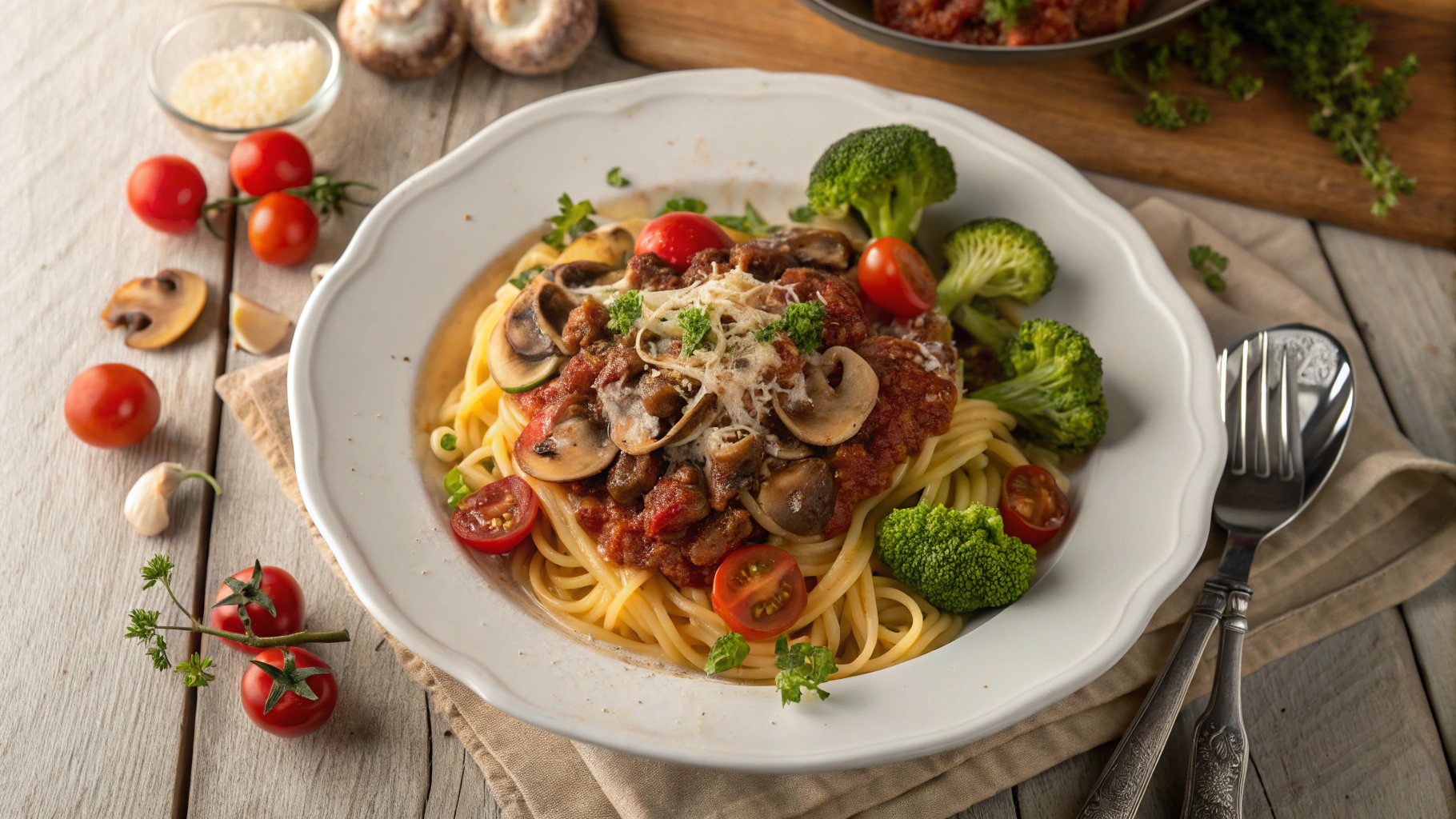 AI generated image by Red Panda AI: A plate of Italian pasta with ground beef and red sauce, garnished with fresh cherry tomatoes, sautéed mushrooms, and tender-crisp broccoli florets. The dish is topped with melted cheese and fresh herbs. Professional food photography style, overhead view, soft natural lighting, on a rustic wooden table, 8k, hyperrealistic, color grading