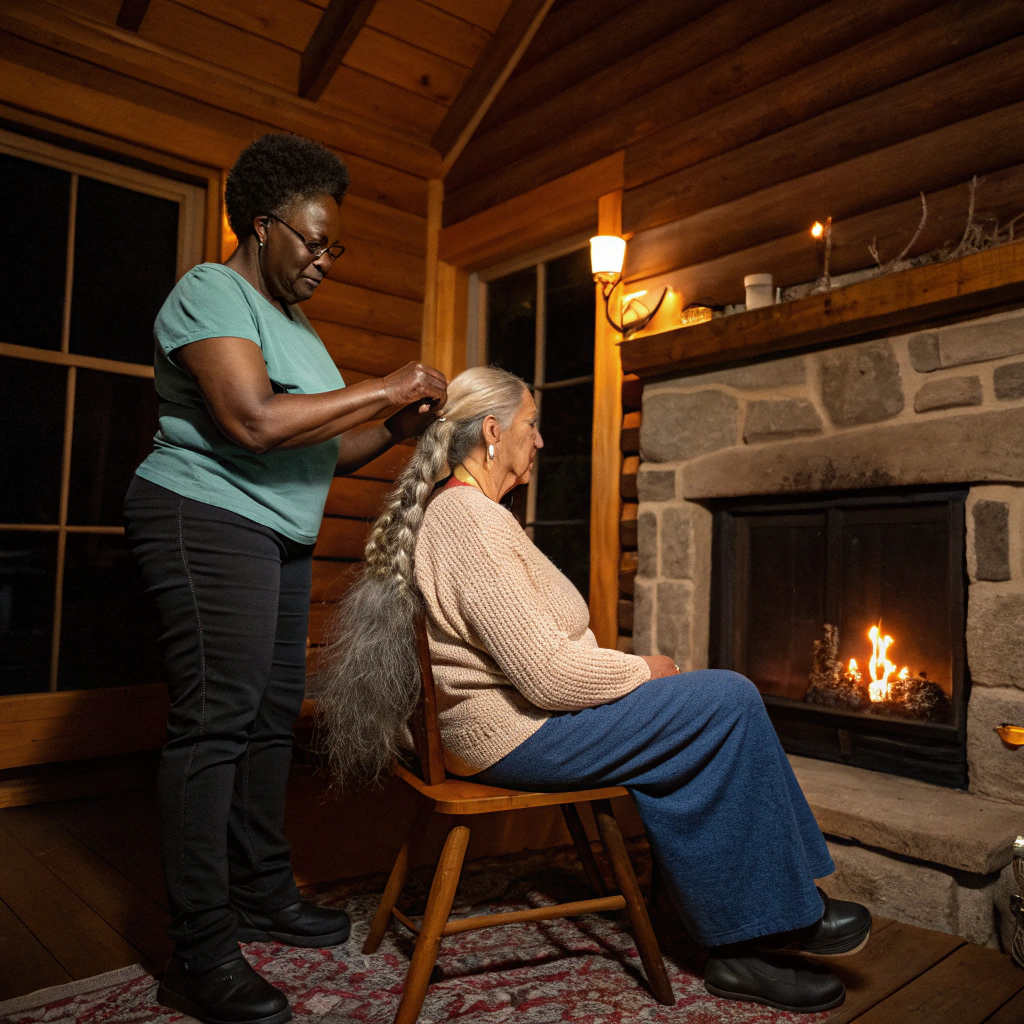 AI generated image by FLUX.1-schnell: A middle-aged black woman with short hair sitting on a stool is expertly French braiding an old Caucasian woman's long gray hair In a cabin by the fireplace at nighttime, who is comfortably sitting on the floor.