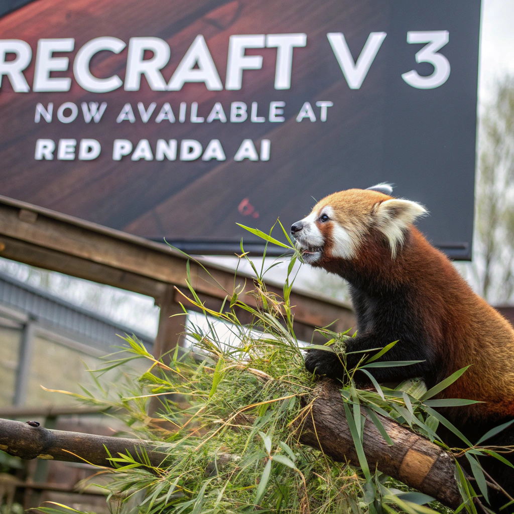 AI generated image by FLUX.1-schnell: a red panda eating a bamboo in front of a poster that says "recraft V3 now available at red panda ai