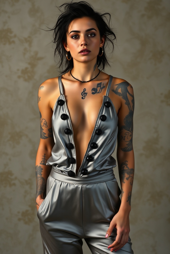 AI generated image by FLUX.1-schnell: Lizzy Mercier Descloux with dark wild chaotic hair, (neck tattoo in the shape of a treble clef), aaa cup size, many small tattoos, wearing a completely open unbuttoned sexy shiny light grey satin jumpsuit with black ornaments, 