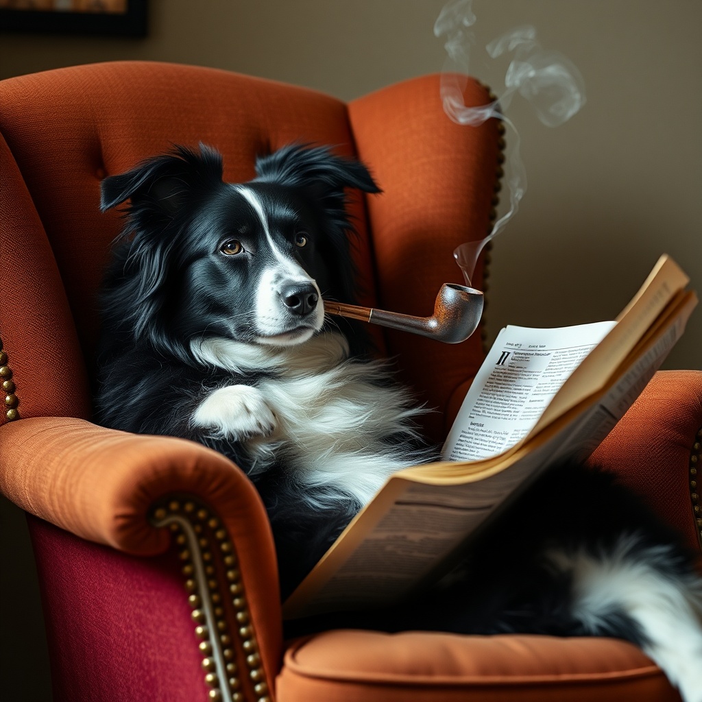 AI generated image by FLUX.1-schnell: A black and white border collie relaxing, in an armchair while smoking a pipe and reading a newspaper 
